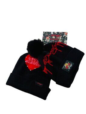 Ed Hardy Set of 2 Knit Pom Beanie Hats Black